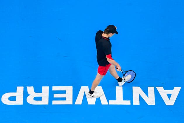 US Jenson Brooksby pictured during a singles match between US Brooksby and Spanish Fokina, in the 1 4 finals of the European Open Tennis ATP, Tennis Herren tournament, in Antwerp, Friday 22 October 2021. LAURIExDIEFFEMBACQ  x3121386x