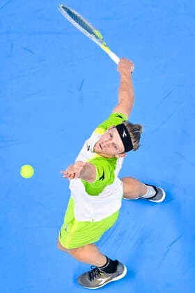 Spanish Alejandro Davidovich Fokina pictured in action during a singles match between US Brooksby and Spanish Fokina, in the 1 4 finals of the European Open Tennis ATP, Tennis Herren tournament, in Antwerp, Friday 22 October 2021. LAURIExDIEFFEMBACQ  x3121398x