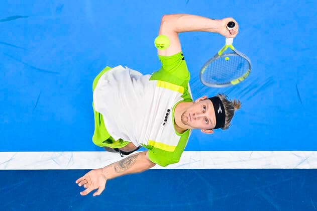 Spanish Alejandro Davidovich Fokina pictured in action during a singles match between US Brooksby and Spanish Fokina, in the 1 4 finals of the European Open Tennis ATP, Tennis Herren tournament, in Antwerp, Friday 22 October 2021. LAURIExDIEFFEMBACQ  x3121400x