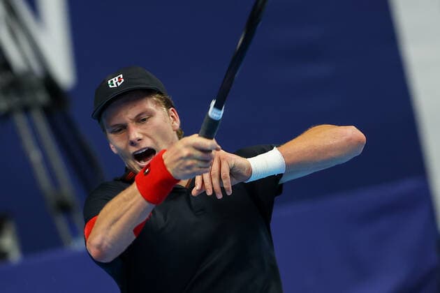US Jenson Brooksby pictured during a singles match between US Brooksby and Spanish Fokina, in the 1 4 finals of the European Open Tennis ATP, Tennis Herren tournament, in Antwerp, Friday 22 October 2021. DAVIDxPINTENS  x3121411x