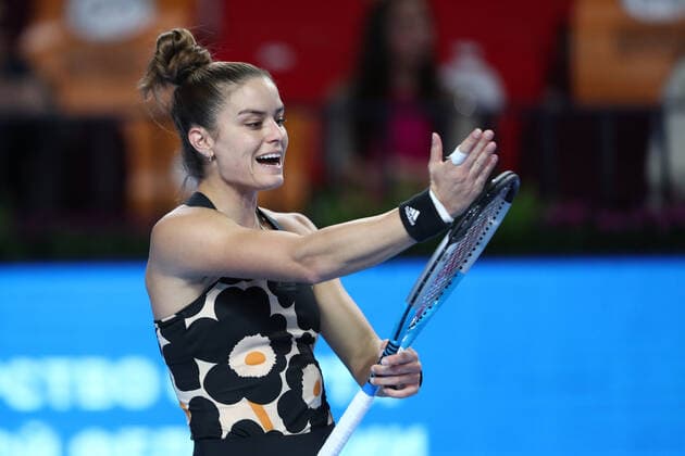 MOSCOW, RUSSIA - OCTOBER 22: Maria Sakkari reacts during The VTB Kremlin Cup on October 22, 2021, at Irina Viner-Usmanova Gymnastics Palace in Moscow, Russia. (Photo by Anatoliy Medved Icon Sportswire) TENNIS: OCT 22 VTB Kremlin Cup Icon2110221970