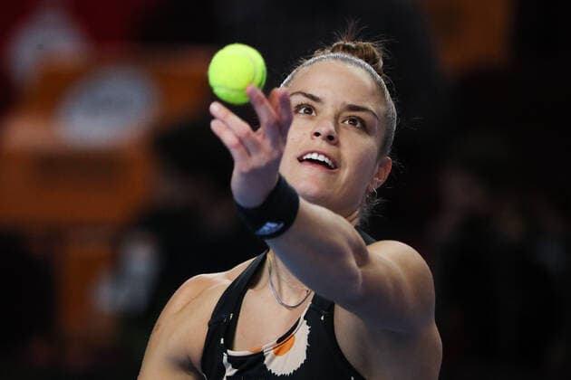 MOSCOW, RUSSIA - OCTOBER 23, 2021: Greece s Maria Sakkari serves the ball in her women s singles semifinal match against Russia s Ekaterina Alexandrova at the VTB Kremlin Cup 2021 international tennis tournament at the Irina Viner-Usmanova Gymnastics Palace. Mikhail Tereshchenko TASS  TS115568