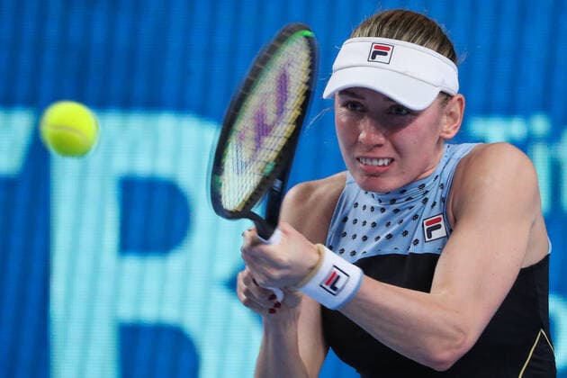 MOSCOW, RUSSIA - OCTOBER 23, 2021: Russia s Ekaterina Alexandrova returns the ball in her women s singles semifinal match against Greece s Maria Sakkari at the VTB Kremlin Cup 2021 international tennis tournament at the Irina Viner-Usmanova Gymnastics Palace. Mikhail Tereshchenko TASS  TS115578