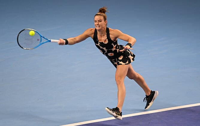 6679031 23.10.2021 Greece s Maria Sakkari returns a shot during the women s singles semifinal tennis match against Russia s Ekaterina Alexandrova at the Kremlin Cup, in Moscow, Russia. Alexey Filippov Sputnik Russia Tennis Kremlin Cup  2a07b9a724dbbc6e