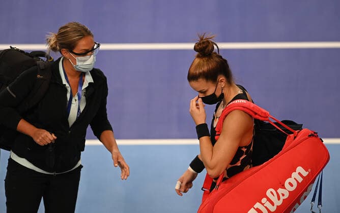 6679034 23.10.2021 Greece s Maria Sakkari, right, is seen after the women s singles semifinal tennis match against Russia s Ekaterina Alexandrova at the Kremlin Cup, in Moscow, Russia. Alexey Filippov Sputnik Russia Tennis Kremlin Cup  e42a8b68323bb1e6