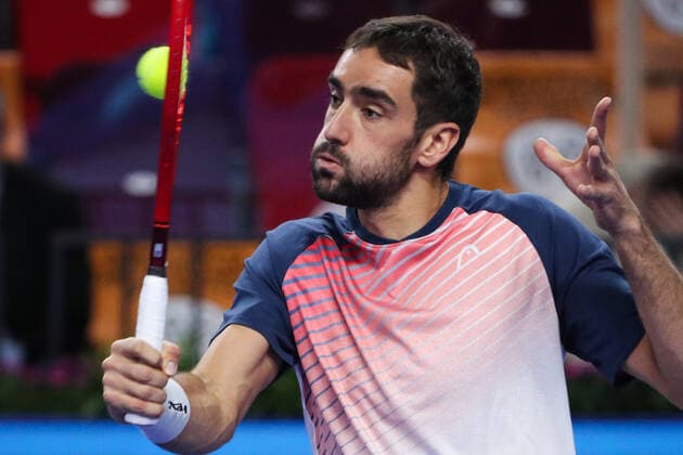 MOSCOW, RUSSIA - OCTOBER 23, 2021: Croatia s Marin Cilic returns the ball in his men s singles semifinal match against Lithuania s Ricardas Berankis at the VTB Kremlin Cup 2021 international tennis tournament at the Irina Viner-Usmanova Gymnastics Palace. Mikhail Tereshchenko TASS  TS1155F1