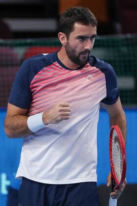 MOSCOW, RUSSIA - OCTOBER 23, 2021: Croatia s Marin Cilic is in action in his men s singles semifinal match against Lithuania s Ricardas Berankis at the VTB Kremlin Cup 2021 international tennis tournament at the Irina Viner-Usmanova Gymnastics Palace. Mikhail Tereshchenko TASS  TS1155F3