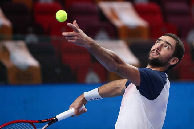 MOSCOW, RUSSIA - OCTOBER 23, 2021: Croatia s Marin Cilic serves the ball in his men s singles semifinal match against Lithuania s Ricardas Berankis at the VTB Kremlin Cup 2021 international tennis tournament at the Irina Viner-Usmanova Gymnastics Palace. Mikhail Tereshchenko TASS  TS1155F4