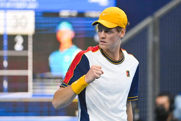 Italian Jannik Sinner reacts during a singles match between Italian Sinner and South African Harris, in the semi finals of the European Open Tennis ATP, Tennis Herren tournament, in Antwerp, Saturday 23 October 2021. LAURIExDIEFFEMBACQ  x3121693x