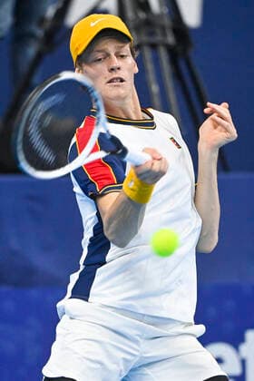 Italian Jannik Sinner pictured in action during a singles match between Italian Sinner and South African Harris, in the semi finals of the European Open Tennis ATP, Tennis Herren tournament, in Antwerp, Saturday 23 October 2021. LAURIExDIEFFEMBACQ  x3121698x