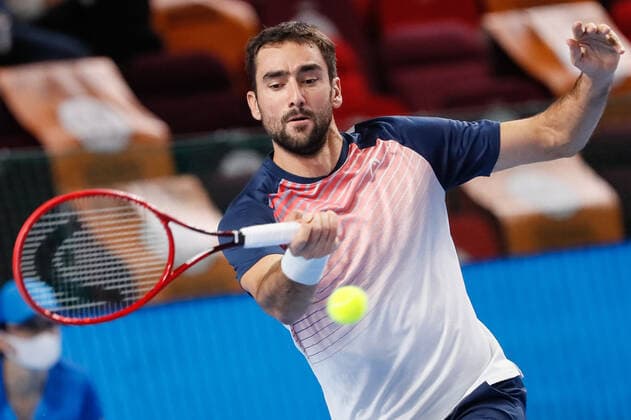 VTB Kremlin Cup 2021 International Tennis Tournament Marin Cilic of Croatia returns the ball to Ricardas Berankis of Lithuania during the men s singles semifinal tennis match of the ATP, Tennis Herren 250 VTB Kremlin Cup 2021 International Tennis Tournament at the Irina Viner-Usmanova Gymnastics Palace on October 23, 2021 in Moscow, Russia. Moscow Russia  Copyright: xMikexKireevx kireev-notitle211023_npvcb
