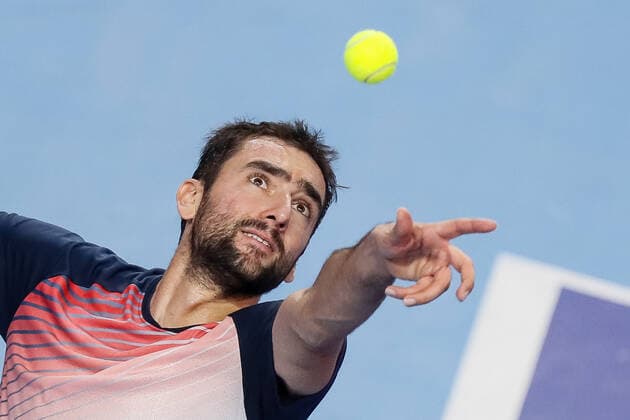 VTB Kremlin Cup 2021 International Tennis Tournament Marin Cilic of Croatia serves the ball to Ricardas Berankis of Lithuania during the men s singles semifinal tennis match of the ATP, Tennis Herren 250 VTB Kremlin Cup 2021 International Tennis Tournament at the Irina Viner-Usmanova Gymnastics Palace on October 23, 2021 in Moscow, Russia. Moscow Russia  Copyright: xMikexKireevx kireev-notitle211023_npzlu