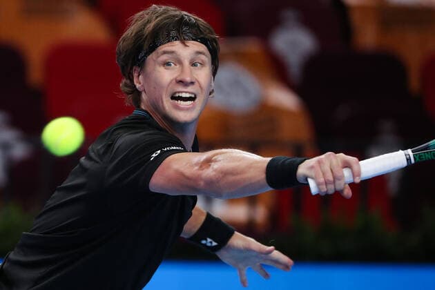 MOSCOW, RUSSIA - OCTOBER 23, 2021: Lithuania s Ricardas Berankis returns the ball in his men s singles semifinal match against Croatia s Marin Cilic at the VTB Kremlin Cup 2021 international tennis tournament at the Irina Viner-Usmanova Gymnastics Palace. Mikhail Tereshchenko TASS  TS115604