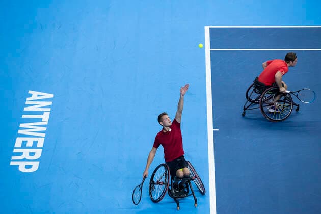 Dutch Ruben Spaargaren and Belgian Jef Vandorpe pictured in action during a doubles men s game between Belgian Vandorpe and Dutch Ruben Spaargaren versus Dutch Egberink and Scheffers, an exhibition game at the European Open Tennis ATP, Tennis Herren tournament, in Antwerp, Saturday 23 October 2021. KRISTOFxVANxACCOM  x3121896x