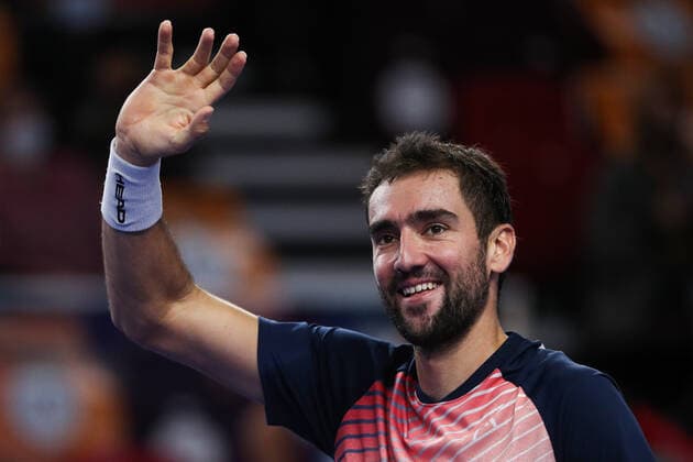 Sport Bilder des Tages MOSCOW, RUSSIA - OCTOBER 23, 2021: Croatia s Marin Cilic celebrates victory in his men s singles semifinal match against Lithuania s Ricardas Berankis at the VTB Kremlin Cup 2021 international tennis tournament at the Irina Viner-Usmanova Gymnastics Palace. Mikhail Tereshchenko TASS  TS115629