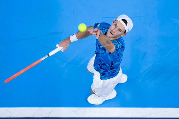 Argentina s Diego Schwartzman serves during a singles match between US Brooksby and Argentinian Schwartzman, in the semi finals of the European Open Tennis ATP, Tennis Herren tournament, in Antwerp, Saturday 23 October 2021. KRISTOFxVANxACCOM  x3122182x