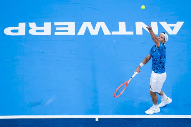 Argentina s Diego Schwartzman serves during a singles match between US Brooksby and Argentinian Schwartzman, in the semi finals of the European Open Tennis ATP, Tennis Herren tournament, in Antwerp, Saturday 23 October 2021. KRISTOFxVANxACCOM  x3122184x
