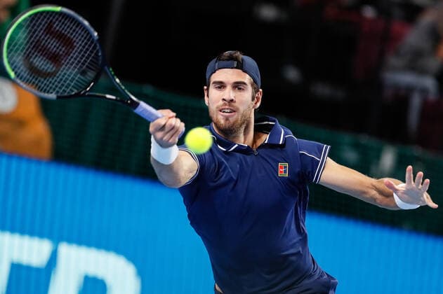 VTB Kremlin Cup 2021 International Tennis Tournament Karen Khachanov of Russia returns the ball to Aslan Karatsev of Russia during the men s singles semifinal tennis match of the ATP, Tennis Herren 250 VTB Kremlin Cup 2021 International Tennis Tournament at the Irina Viner-Usmanova Gymnastics Palace on October 23, 2021 in Moscow, Russia. Moscow Russia  Copyright: xMikexKireevx kireev-notitle211023_npBAj