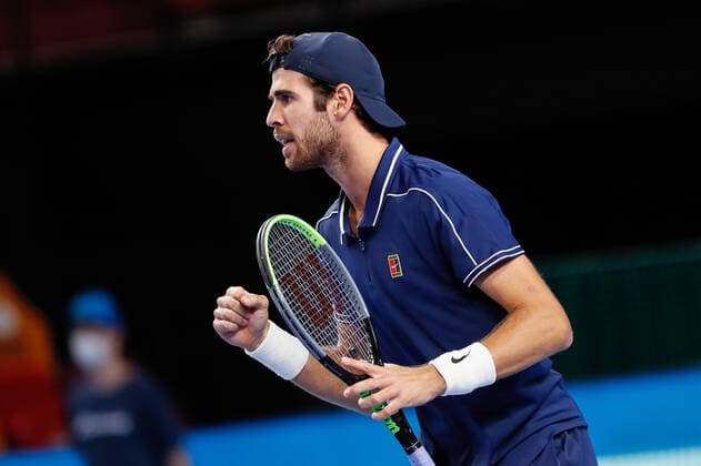 VTB Kremlin Cup 2021 International Tennis Tournament Karen Khachanov of Russia celebrates during the men s singles semifinal tennis match of the ATP, Tennis Herren 250 VTB Kremlin Cup 2021 International Tennis Tournament against Aslan Karatsev of Russia at the Irina Viner-Usmanova Gymnastics Palace on October 23, 2021 in Moscow, Russia. Moscow Russia  Copyright: xMikexKireevx kireev-notitle211023_npOdX