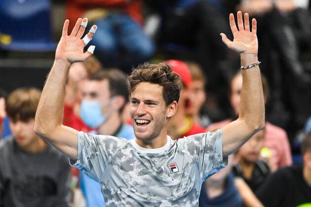 Argentina s Diego Schwartzman celebrates after winning a singles match between US Brooksby and Argentinian Schwartzman, in the semi finals of the European Open Tennis ATP, Tennis Herren tournament, in Antwerp, Saturday 23 October 2021. LAURIExDIEFFEMBACQ  x3122213x