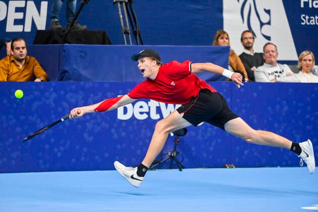 US Jenson Brooksby pictured in action during a singles match between US Brooksby and Argentinian Schwartzman, in the semi finals of the European Open Tennis ATP, Tennis Herren tournament, in Antwerp, Saturday 23 October 2021. LAURIExDIEFFEMBACQ  x3122244x