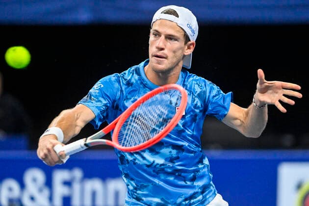 Argentina s Diego Schwartzman pictured in action during a singles match between US Brooksby and Argentinian Schwartzman, in the semi finals of the European Open Tennis ATP, Tennis Herren tournament, in Antwerp, Saturday 23 October 2021. LAURIExDIEFFEMBACQ  x3122261x