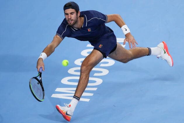 MOSCOW, RUSSIA - OCTOBER 23, 2021: Russia s Karen Khachanov returns the ball in his men s singles semifinal match against Russia s Aslan Karatsev at the VTB Kremlin Cup 2021 international tennis tournament at the Irina Viner-Usmanova Gymnastics Palace. Mikhail Tereshchenko TASS  TS11565D