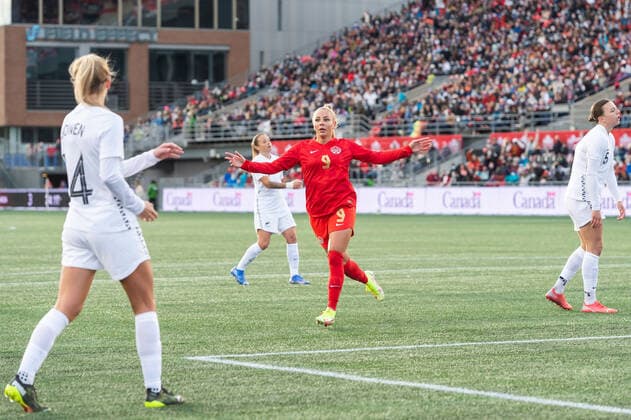 OTTAWA, ON - OCTOBER 23: Canada forward Adriana Leon (9) celebrates after scoring a second half goal against New Zealand during the Women™s International Friendly, Länderspiel, Nationalmannschaft match at TD Place Stadium in Ottawa, ON. Canada on October 23, 2021. (Photo by Steven Kingsman Icon Sportswire) SOCCER: OCT 23 Women s - New Zealand at Canada Icon211023005