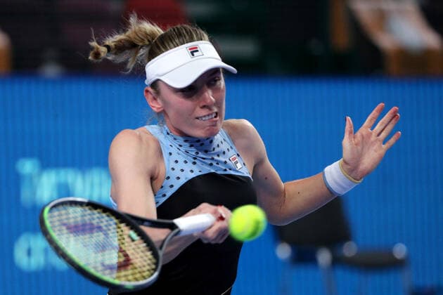 MOSCOW, RUSSIA - OCTOBER 24, 2021: Russia s Ekaterina Alexandrova returns the ball in her women s singles final match against Estonia s Anett Kontaveit at the VTB Kremlin Cup 2021 international tennis tournament at the Irina Viner-Usmanova Gymnastics Palace. Mikhail Tereshchenko TASS  TS115789