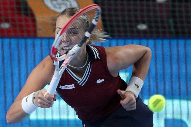 MOSCOW, RUSSIA - OCTOBER 24, 2021: Estonia s Anett Kontaveit returns the ball in her women s singles final match against Russia s Ekaterina Alexandrova at the VTB Kremlin Cup 2021 international tennis tournament at the Irina Viner-Usmanova Gymnastics Palace. Mikhail Tereshchenko TASS  TS11578B