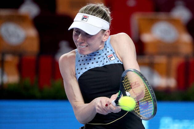 MOSCOW, RUSSIA - OCTOBER 24, 2021: Russia s Ekaterina Alexandrova returns the ball in her women s singles final match against Estonia s Anett Kontaveit at the VTB Kremlin Cup 2021 international tennis tournament at the Irina Viner-Usmanova Gymnastics Palace. Mikhail Tereshchenko TASS  TS11578D