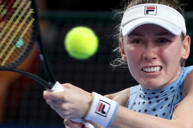 MOSCOW, RUSSIA - OCTOBER 24, 2021: Russia s Ekaterina Alexandrova returns the ball in her women s singles final match against Estonia s Anett Kontaveit at the VTB Kremlin Cup 2021 international tennis tournament at the Irina Viner-Usmanova Gymnastics Palace. Mikhail Tereshchenko TASS  TS1157BD