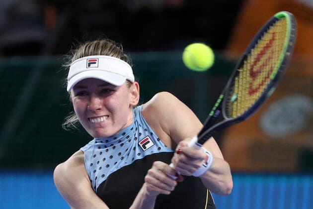 MOSCOW, RUSSIA - OCTOBER 24, 2021: Russia s Ekaterina Alexandrova returns the ball in her women s singles final match against Estonia s Anett Kontaveit at the VTB Kremlin Cup 2021 international tennis tournament at the Irina Viner-Usmanova Gymnastics Palace. Mikhail Tereshchenko TASS  TS1157C6