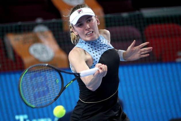 MOSCOW, RUSSIA - OCTOBER 24, 2021: Russia s Ekaterina Alexandrova returns the ball in her women s singles final match against Estonia s Anett Kontaveit at the VTB Kremlin Cup 2021 international tennis tournament at the Irina Viner-Usmanova Gymnastics Palace. Mikhail Tereshchenko TASS  TS1157C8