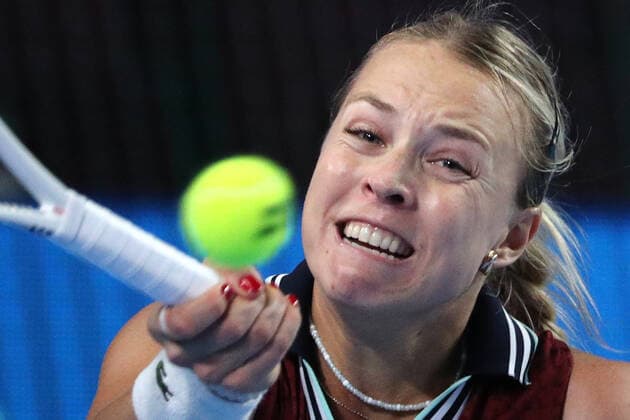 MOSCOW, RUSSIA - OCTOBER 24, 2021: Estonia s Anett Kontaveit returns the ball in her women s singles final match against Russia s Ekaterina Alexandrova at the VTB Kremlin Cup 2021 international tennis tournament at the Irina Viner-Usmanova Gymnastics Palace. Mikhail Tereshchenko TASS  TS1157CF