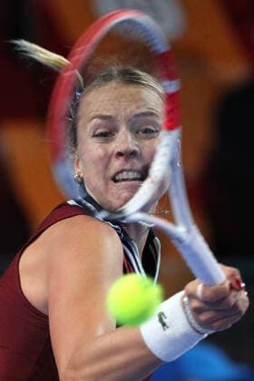 MOSCOW, RUSSIA - OCTOBER 24, 2021: Estonia s Anett Kontaveit returns the ball in her women s singles final match against Russia s Ekaterina Alexandrova at the VTB Kremlin Cup 2021 international tennis tournament at the Irina Viner-Usmanova Gymnastics Palace. Mikhail Tereshchenko TASS  TS1157DA