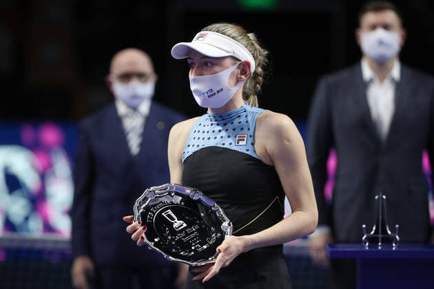 MOSCOW, RUSSIA - OCTOBER 24, 2021: 2nd placed Russia s Ekaterina Alexandrova poses with a trophy during an award ceremony for the women s singles event at the VTB Kremlin Cup 2021 international tennis tournament at the Irina Viner-Usmanova Gymnastics Palace. Mikhail Tereshchenko TASS  TS1157EB