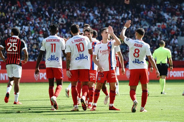 Joie - Karl Toko Ekambi (Lyon) - Houssem Aouar (Lyon) - Philana Tinotenda Kadewere (Lyon) - Lucas Paqueta (Lyon) - Maxence Caqueret (Lyon) FOOTBALL : OGC Nice vs Lyon - Ligue 1 Uber Eats - Nice - 24 10 2021 NorbertScanella Panoramic 