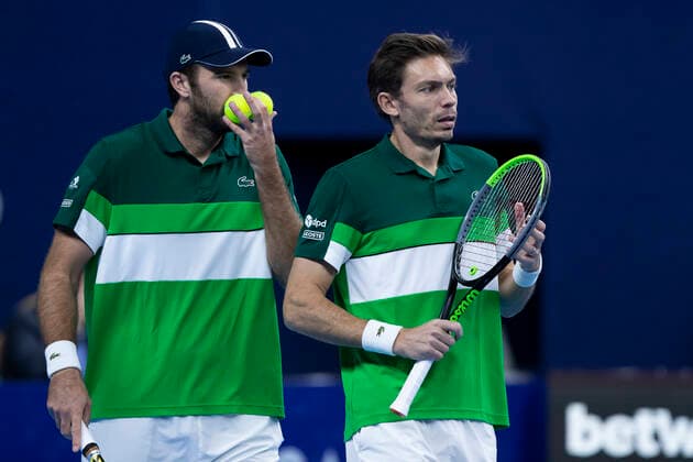 French Fabrice Martin and French Nicolas Mahut pictured during a doubles men game between Dutch pair Koolhof - Rojer and French Mahut - Martin, the finals of the European Open Tennis ATP, Tennis Herren tournament, in Antwerp, Sunday 24 October 2021. KRISTOFxVANxACCOM  x3122677x