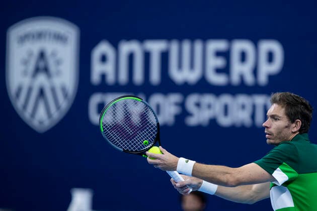 French Nicolas Mahut pictured in action during a doubles men game between Dutch pair Koolhof - Rojer and French Mahut - Martin, the finals of the European Open Tennis ATP, Tennis Herren tournament, in Antwerp, Sunday 24 October 2021. KRISTOFxVANxACCOM  x3122679x