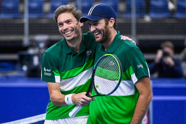 French Nicolas Mahut and French Fabrice Martin celebrate after winning a doubles men game between Dutch pair Koolhof - Rojer and French Mahut - Martin, the finals of the European Open Tennis ATP, Tennis Herren tournament, in Antwerp, Sunday 24 October 2021. LAURIExDIEFFEMBACQ  x3122820x