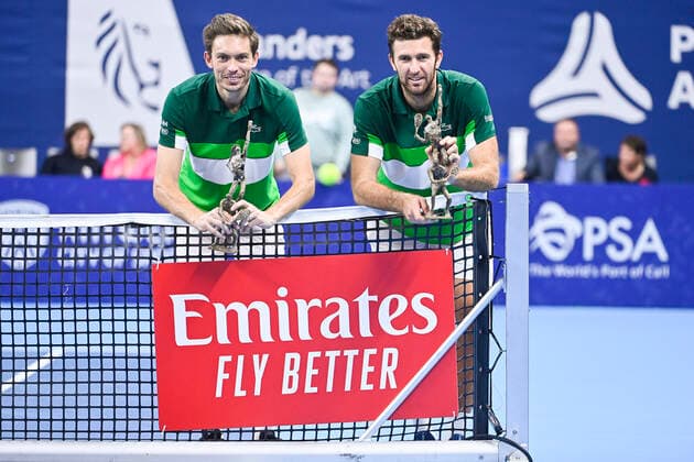 French Nicolas Mahut and French Fabrice Martin pictured with the trophy after winning a doubles men game between Dutch pair Koolhof - Rojer and French Mahut - Martin, the finals of the European Open Tennis ATP, Tennis Herren tournament, in Antwerp, Sunday 24 October 2021. LAURIExDIEFFEMBACQ  x3122821x