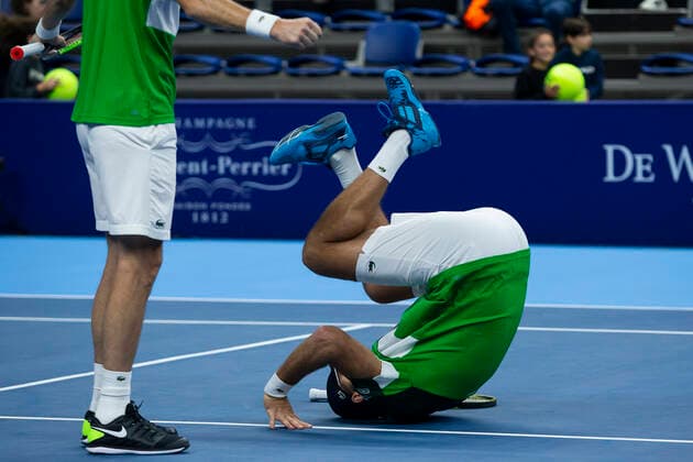 French Fabrice Martin celebrates after winning a doubles men game between Dutch pair Koolhof - Rojer and French Mahut - Martin, the finals of the European Open Tennis ATP, Tennis Herren tournament, in Antwerp, Sunday 24 October 2021. KRISTOFxVANxACCOM  x3122829x
