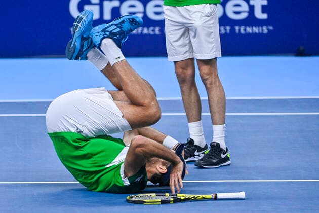 French Fabrice Martin celebrates after winning a doubles men game between Dutch pair Koolhof - Rojer and French Mahut - Martin, the finals of the European Open Tennis ATP, Tennis Herren tournament, in Antwerp, Sunday 24 October 2021. LAURIExDIEFFEMBACQ  x3122835x