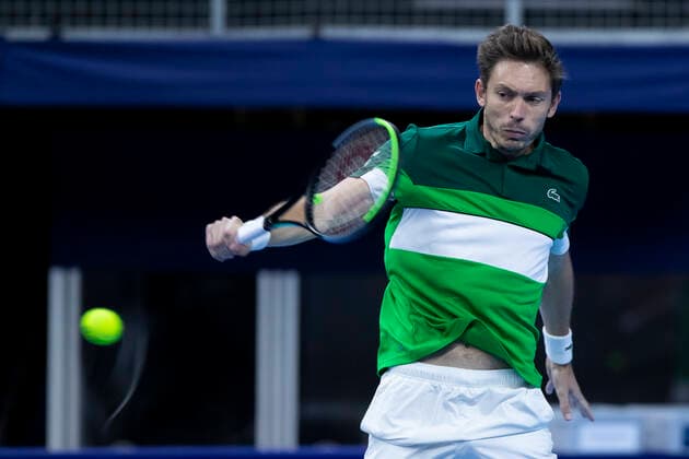 French Nicolas Mahut pictured in action during a doubles men game between Dutch pair Koolhof - Rojer and French Mahut - Martin, the finals of the European Open Tennis ATP, Tennis Herren tournament, in Antwerp, Sunday 24 October 2021. KRISTOFxVANxACCOM  x3122910x