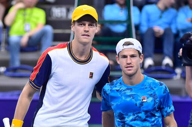 Argentina s Diego Schwartzman and Italian Jannik Sinner pose ahead of a tennis match between Italian Sinner and Argentinian Schwartzman, the finals of the singles at the European Open Tennis ATP, Tennis Herren tournament, in Antwerp, Sunday 24 October 2021. LAURIExDIEFFEMBACQ  x3123054x