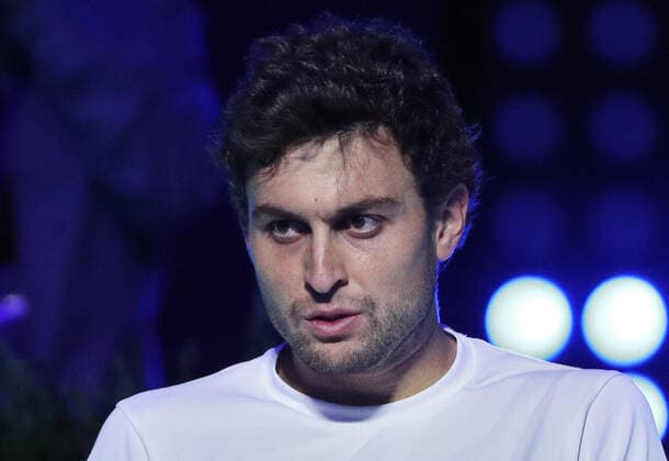 MOSCOW, RUSSIA - OCTOBER 24, 2021: Russia s Aslan Karatsev looks on in his singles final match against Croatia s Marin Cilic at the VTB Kremlin Cup 2021 international tennis tournament at the Irina Viner-Usmanova Gymnastics Palace. Mikhail Tereshchenko TASS  TS115851