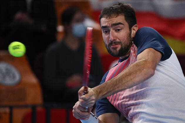 MOSCOW, RUSSIA - OCTOBER 24, 2021: Croatia s Marin Cilic returns the ball in his singles final match against Russia s Aslan Karatsev at the VTB Kremlin Cup 2021 international tennis tournament at the Irina Viner-Usmanova Gymnastics Palace. Mikhail Tereshchenko TASS  TS11585C