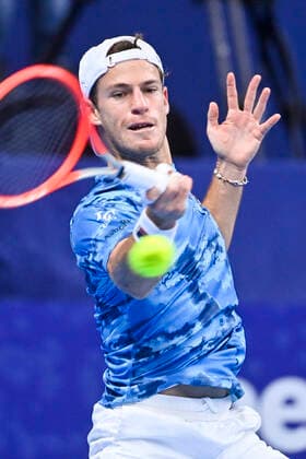 Argentina s Diego Schwartzman pictured in action during a tennis match between Italian Sinner and Argentinian Schwartzman, the finals of the singles at the European Open Tennis ATP, Tennis Herren tournament, in Antwerp, Sunday 24 October 2021. LAURIExDIEFFEMBACQ  x3123336x