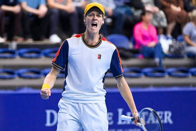 Italian Jannik Sinner celebrates after winning a tennis match between Italian Sinner and Argentinian Schwartzman, the finals of the singles at the European Open Tennis ATP, Tennis Herren tournament, in Antwerp, Sunday 24 October 2021. LAURIExDIEFFEMBACQ  x3123488x